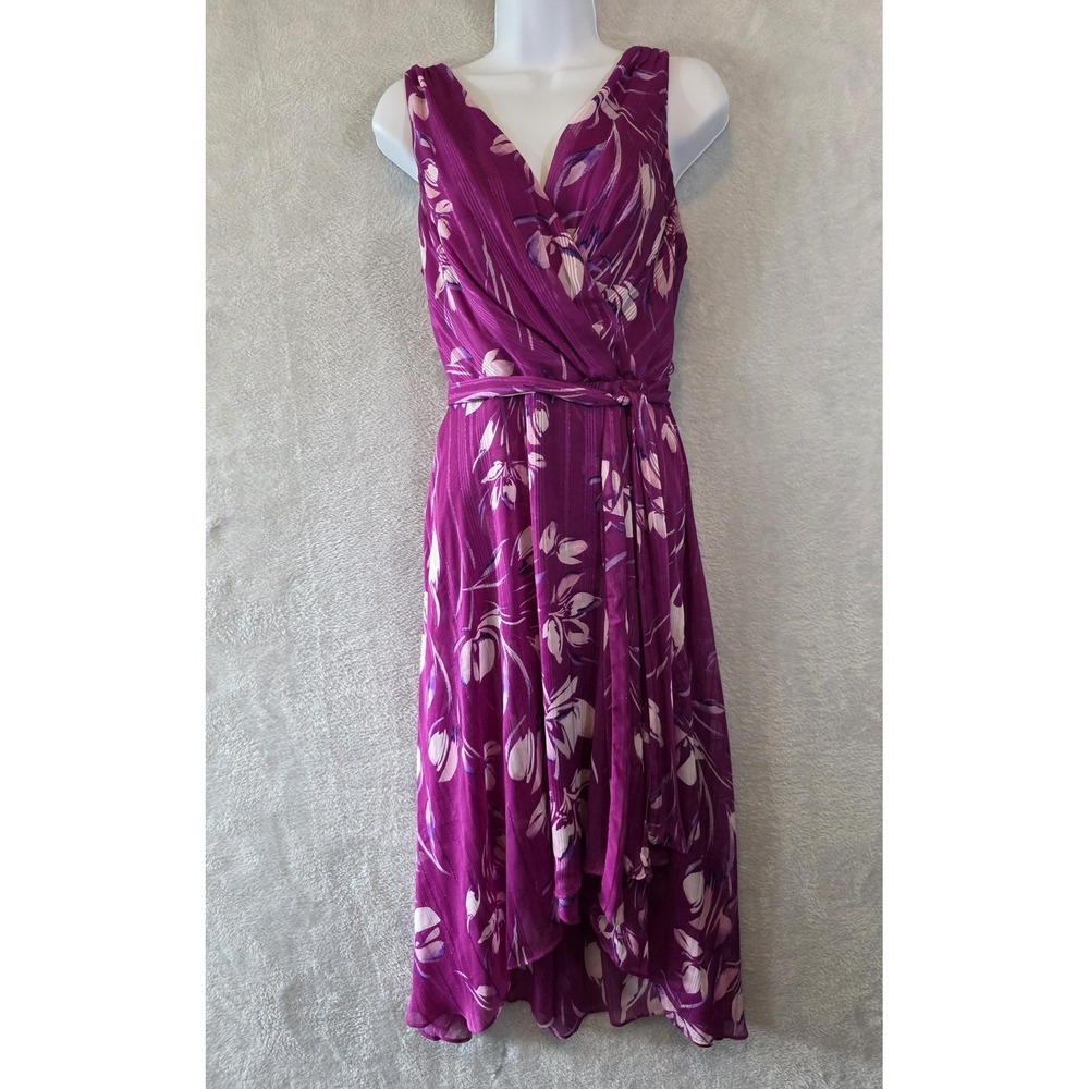 EUC DKNY Dress Womens 6 Purple Floral Wrap Hi-Low Chiffon Belted Party Wedding